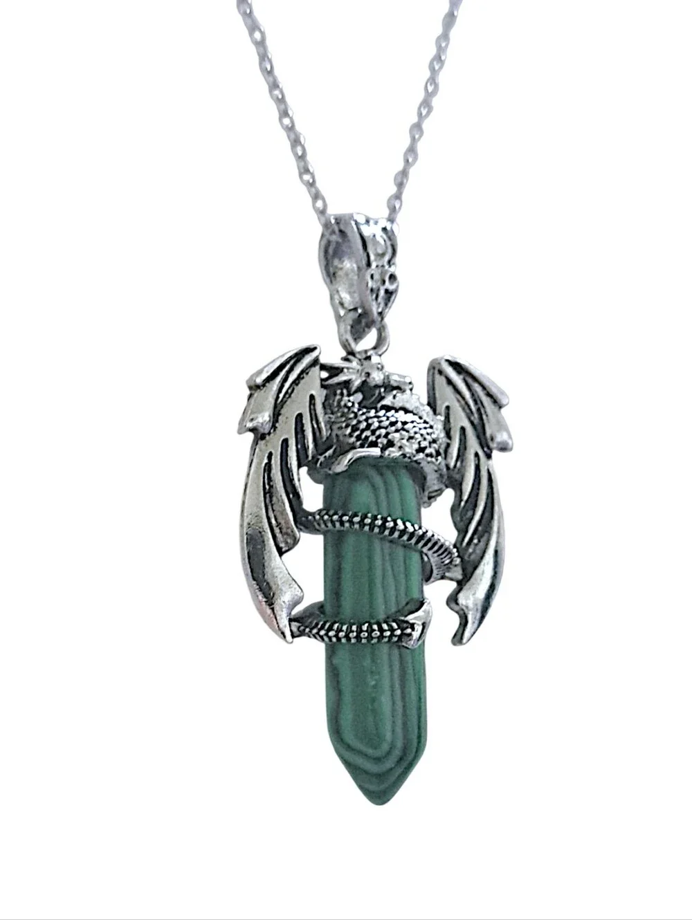 Silver Dragon Green Pendant w/ Stainless Steel Necklace NWOT